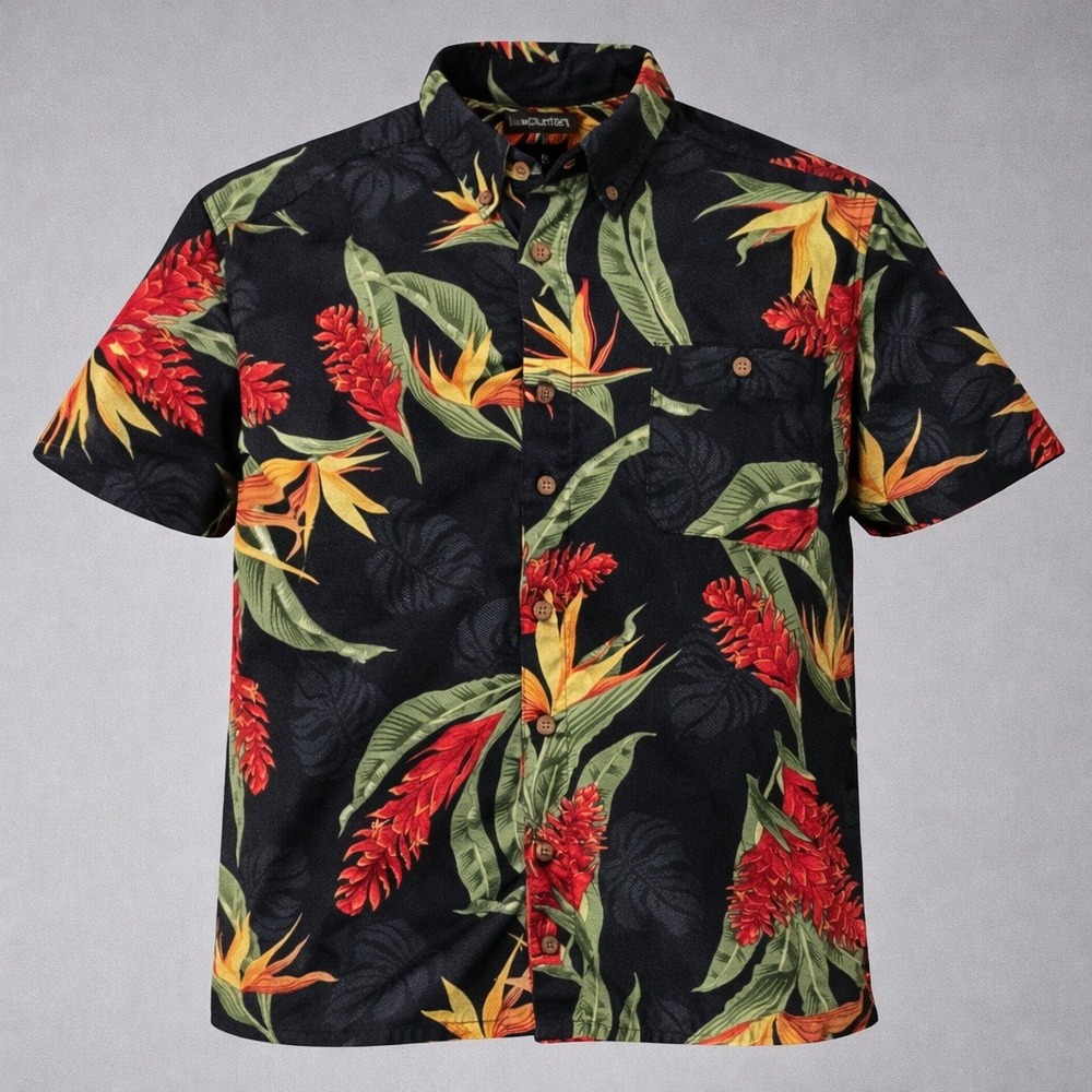 Puritan Hawaiian Shirt Men L Button Relax Black Tropical Bird Paradise Floral‎